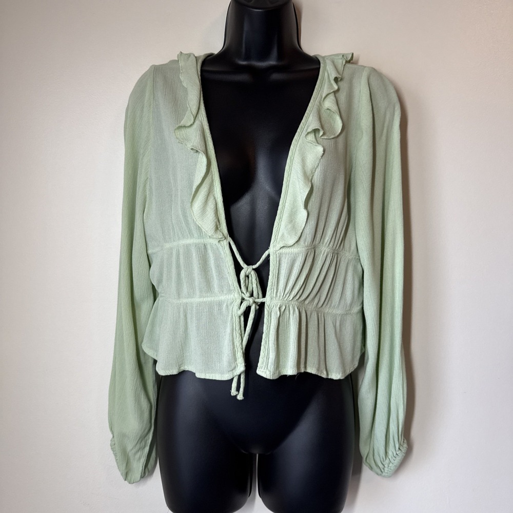Stradivarius Sheer Gypsy Top Green XS Open Front Layering Y2K Ruffles Fairy